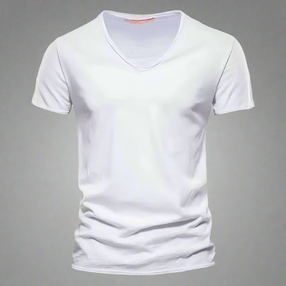 Neatly folded men's classic V-neck tailored shirt, slim fit, short sleeve, ideal for comfortable, casual wear.