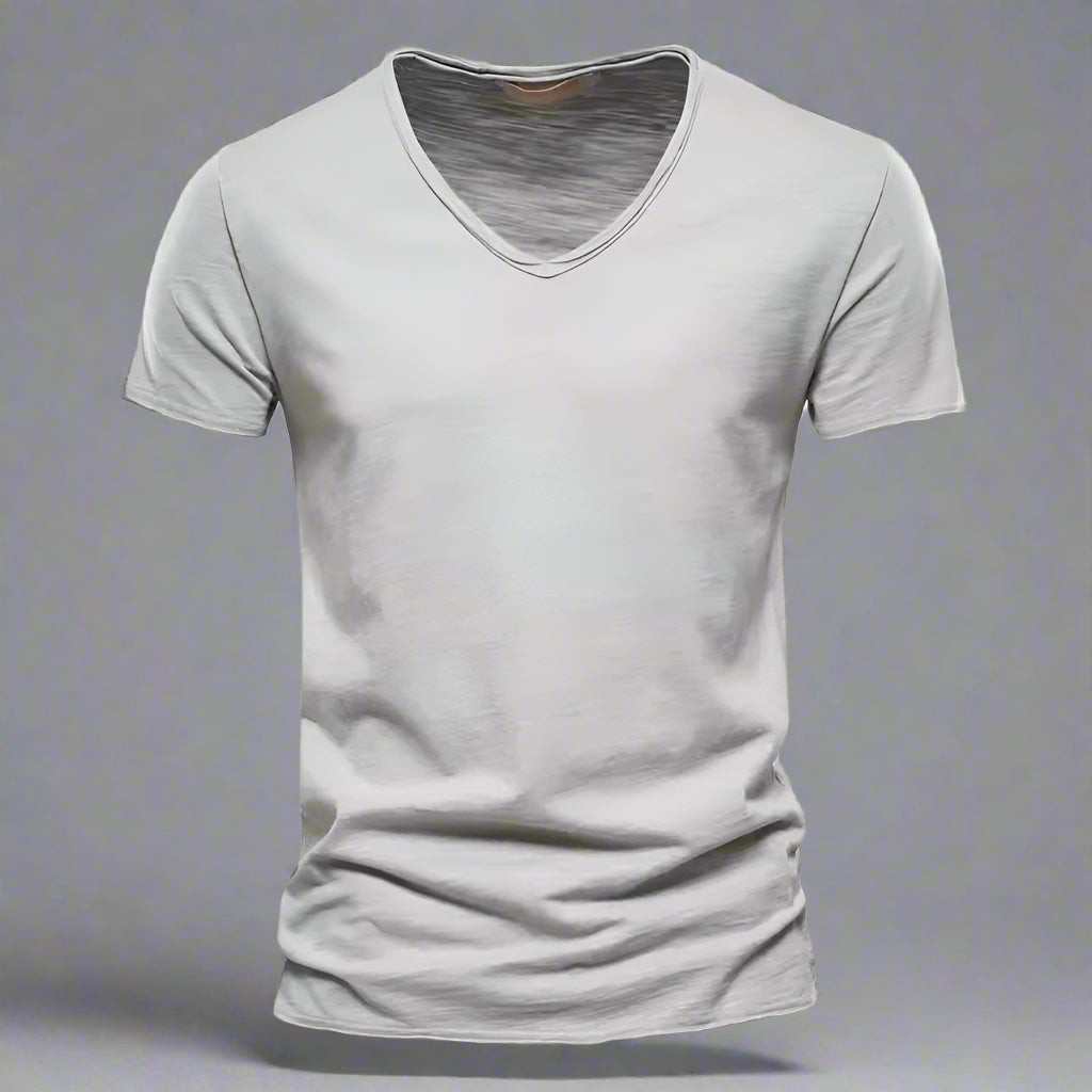 Textured men's V-neck tailored shirt, slim fit, short sleeve, comfortable, versatile for casual everyday outfits.