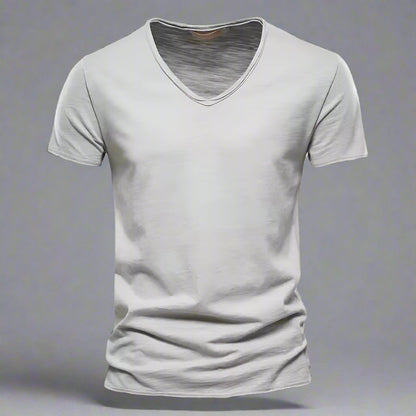 Textured men's V-neck tailored shirt, slim fit, short sleeve, comfortable, versatile for casual everyday outfits.