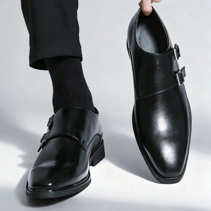 Detail shot of the quality leather texture on Valmont double buckle men's loafers. Comfortable footwear.