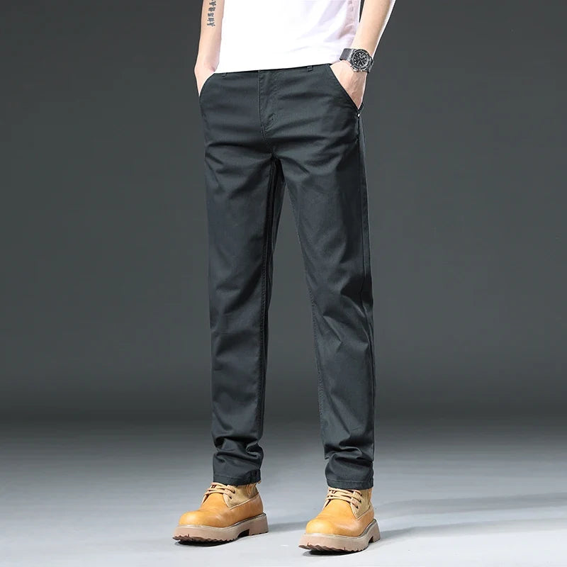 Close-up of comfortable men's versatile pants fabric, highlighting flexible fit for casual and office attire.