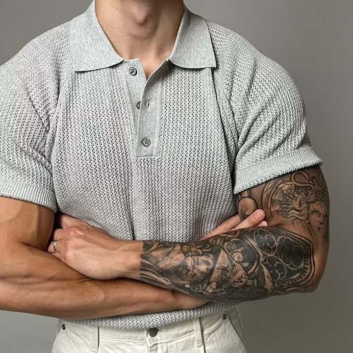 Men's structured collar polo shirt, featuring a stylish waffle knit texture & short sleeves.