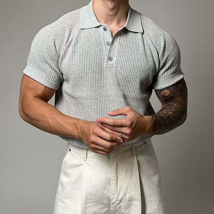 Men's casual short sleeve waffle knit top, classic design with a structured collar & buttons.