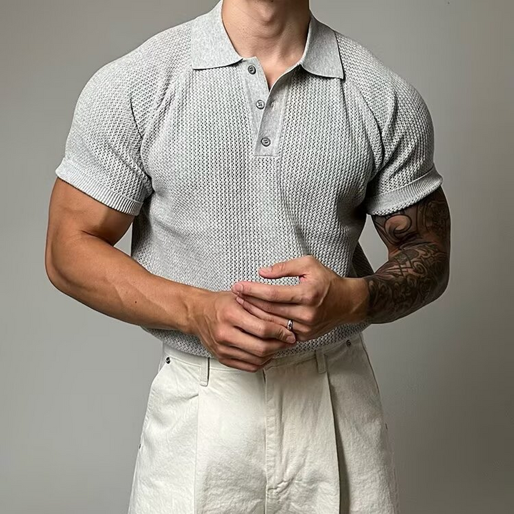 Men's casual short sleeve waffle knit top, classic design with a structured collar & buttons.