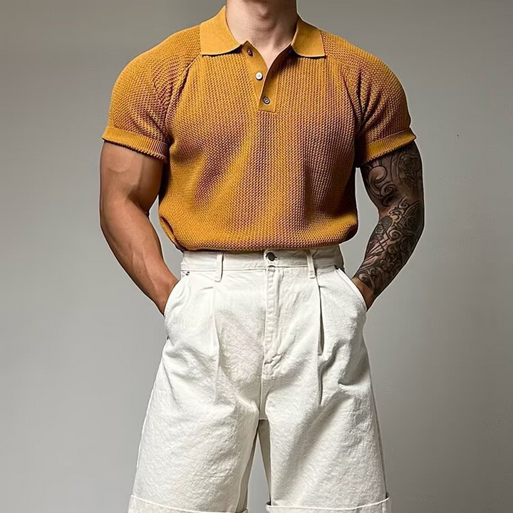 Men's fashion classic waffle polo, short sleeve, structured collar, versatile for any casual event.