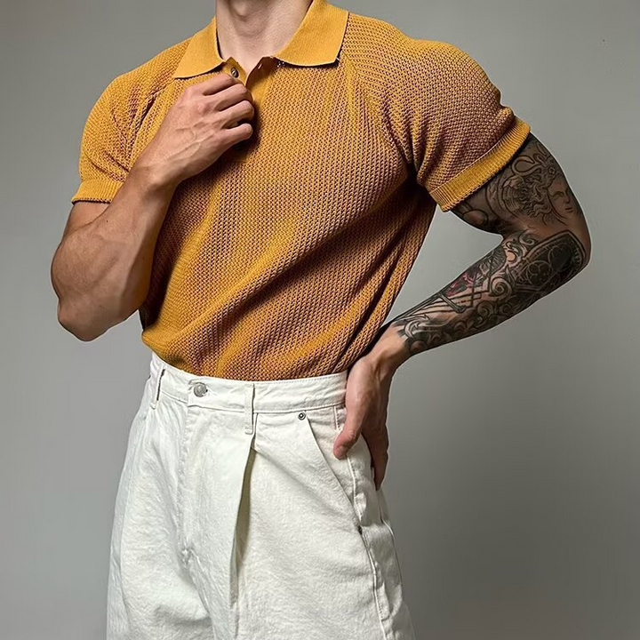 Men's waffle polo shirt, classic, structured collar, short sleeve, essential for everyday.