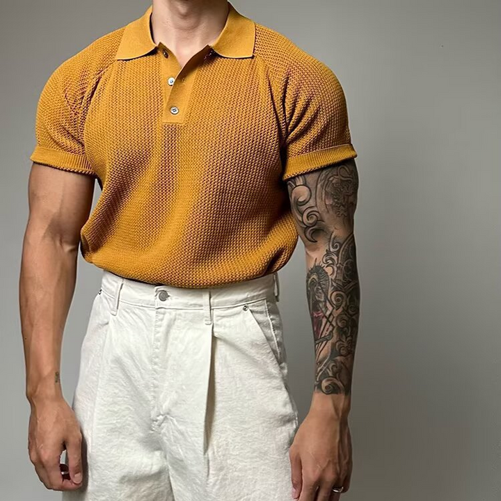 High-quality men's classic waffle polo shirt with structured collar for casual & smart-casual looks.