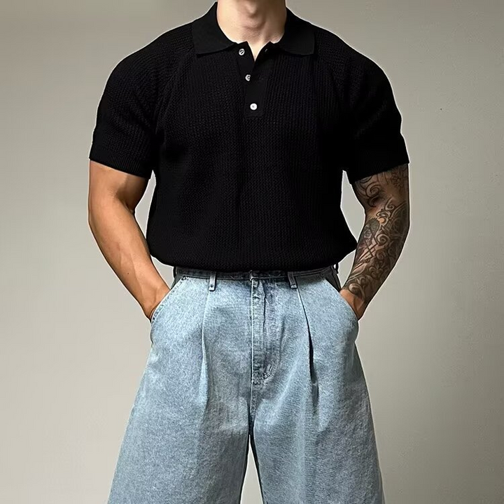 Short sleeve men's waffle polo shirt, classic structured collar, button placket, versatile fashion.