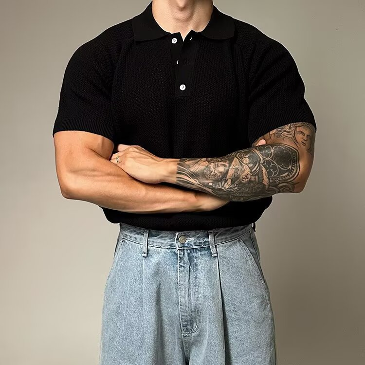 Men's everyday classic waffle knit polo, structured collar, short sleeve, smart casual top.