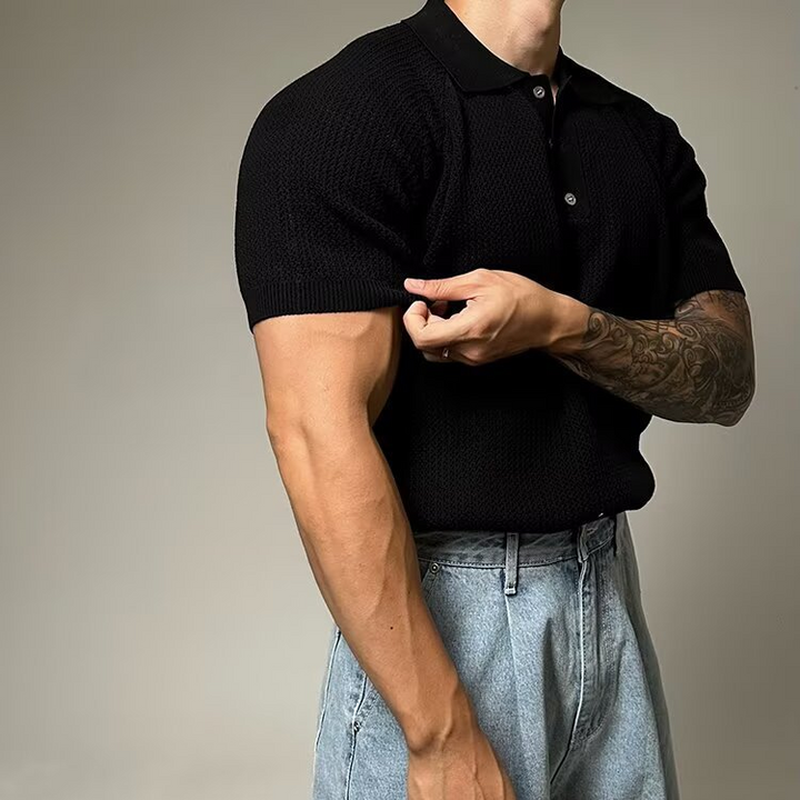 Elegant men's classic waffle polo, structured collar, short sleeve for a refined casual style.