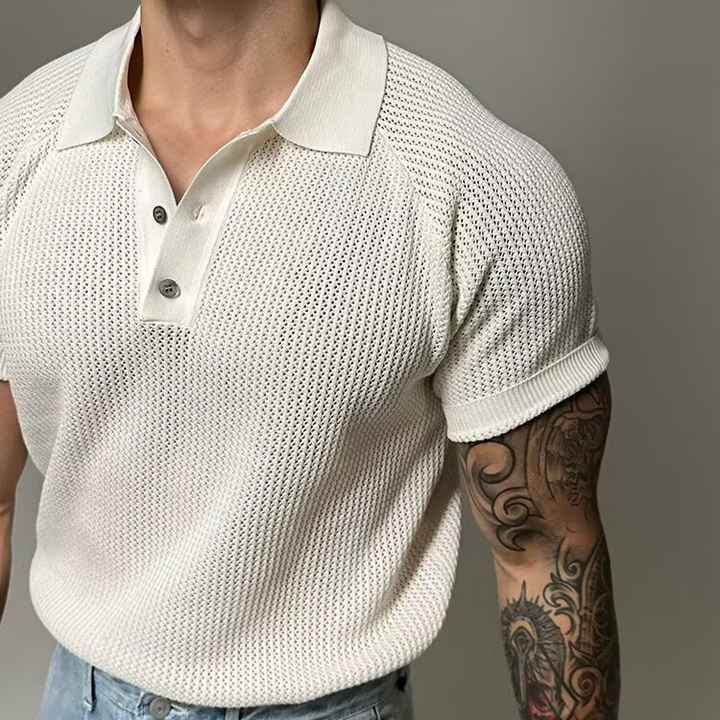 Short sleeve men's waffle polo shirt, classic button-down style with a structured collar.
