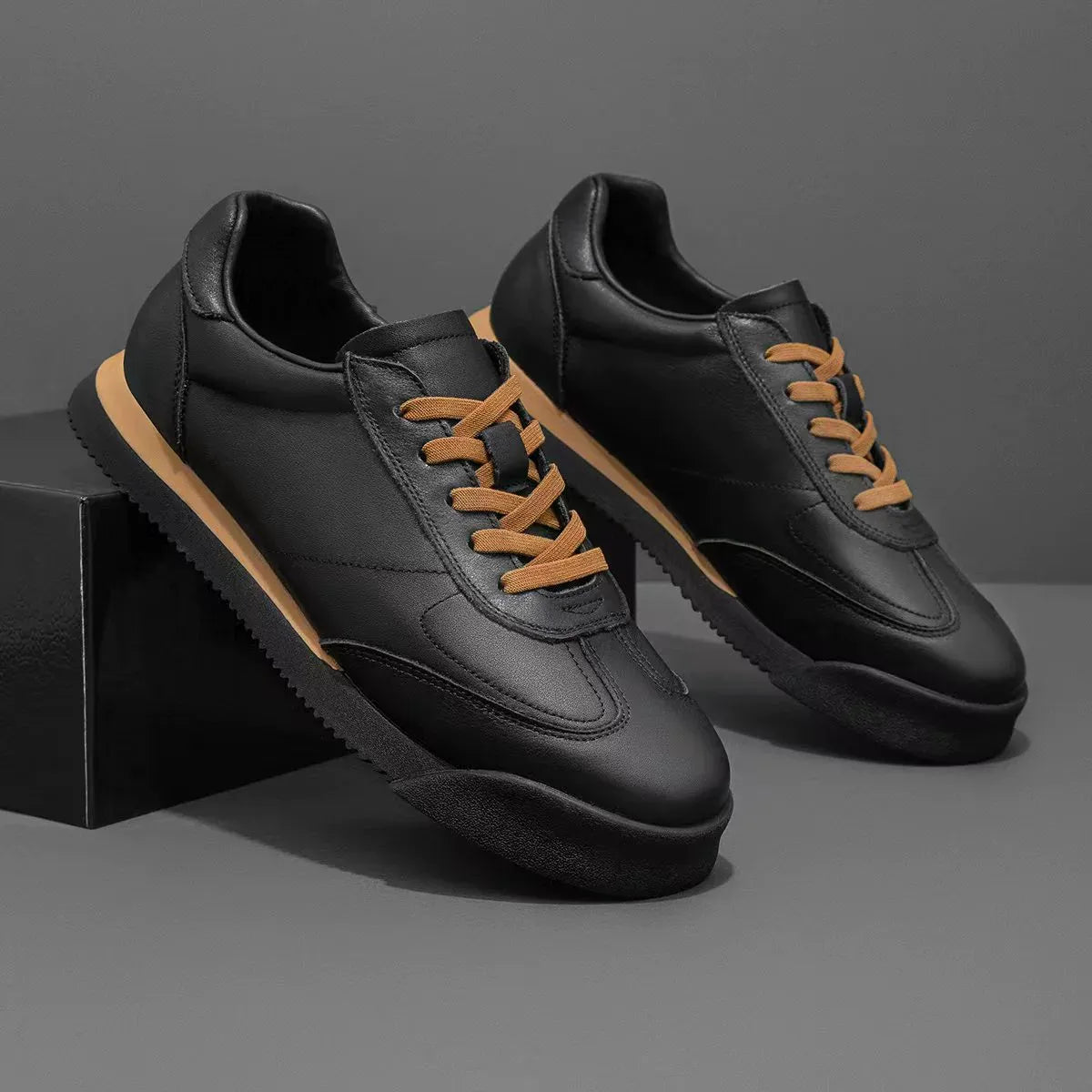 Men's classic genuine leather lifestyle sneakers, comfortable everyday casual shoes in neutral colors.