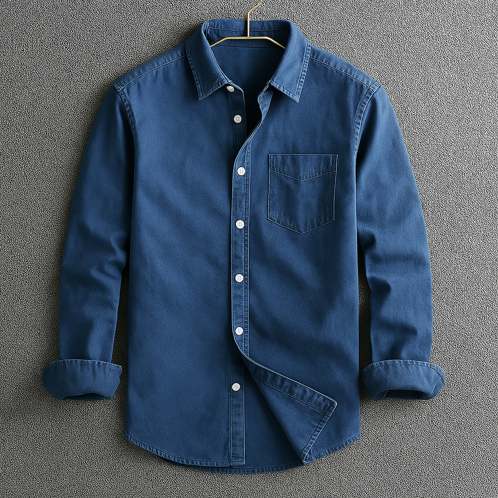 Close-up of the premium fabric and button-down collar on a stylish men's collared Oxford shirt.
