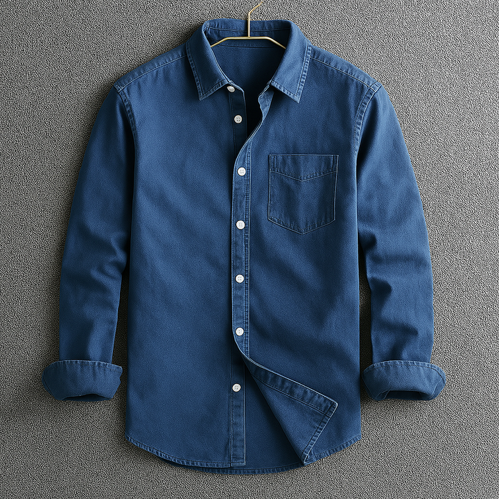 Close-up of the premium fabric and button-down collar on a stylish men's collared Oxford shirt.