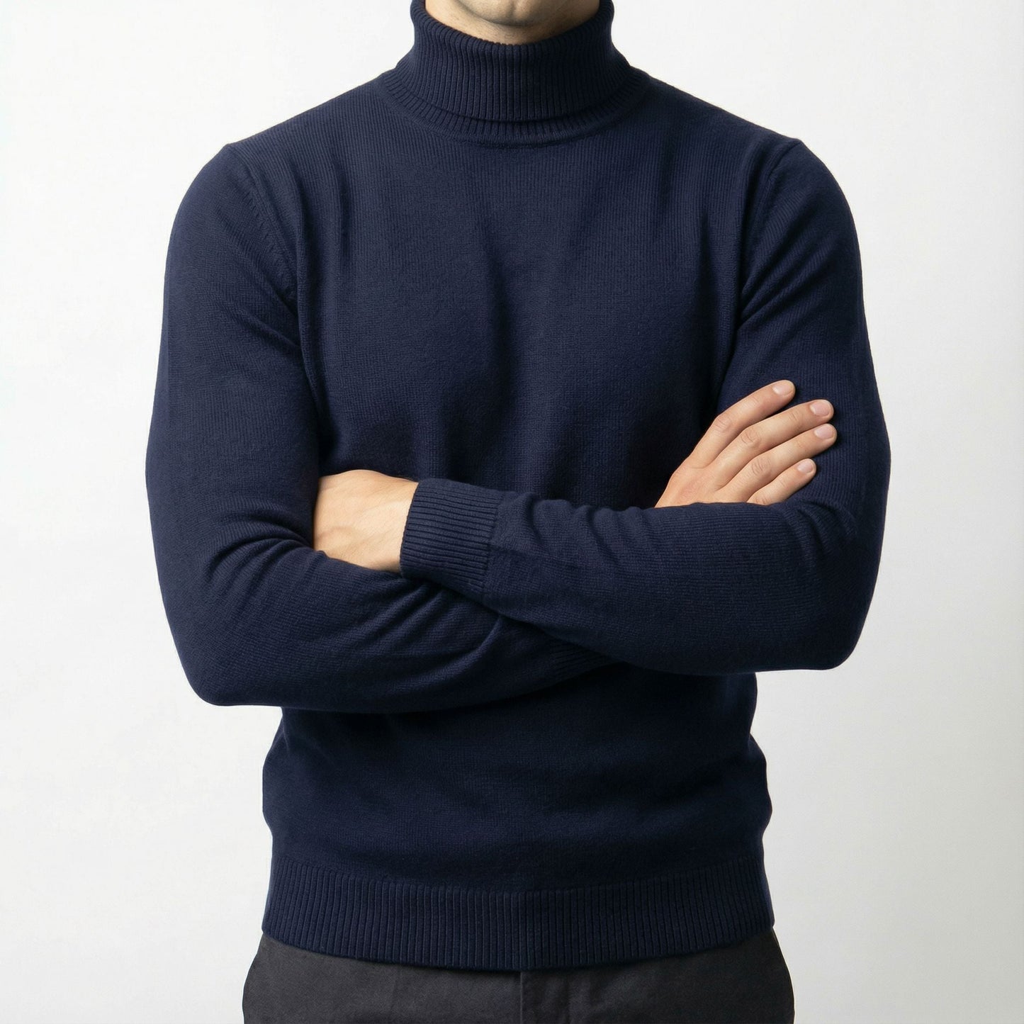 Elegant men's black turtleneck sweater, ideal for cold weather layering. Comfortable classic pullover.