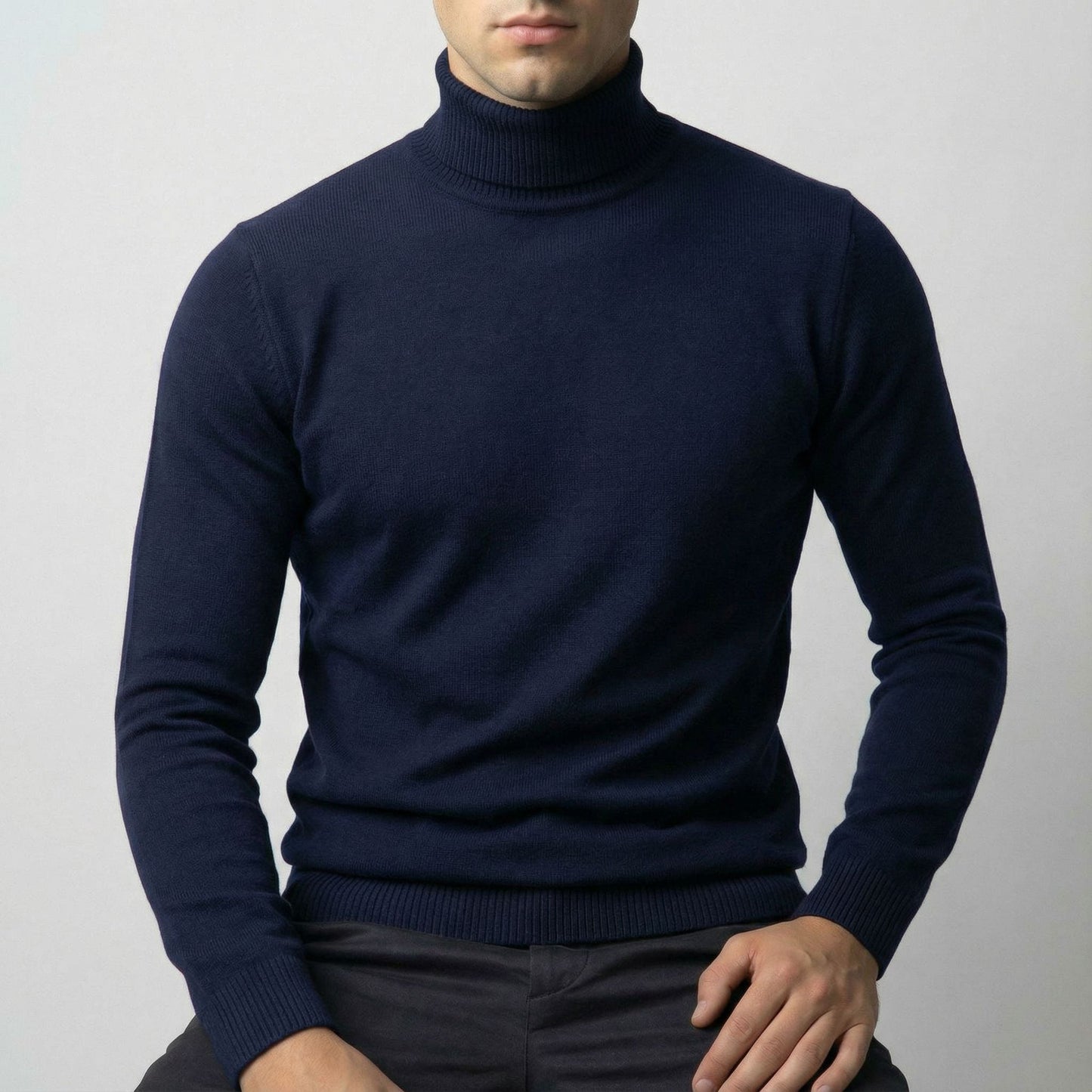 Comfortable men's blue turtleneck sweater, perfect for everyday wear & smart casual winter outfits.