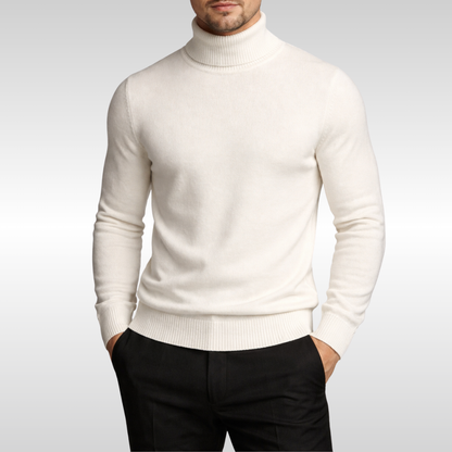Stylish men's red turtleneck pullover, warm & versatile for winter fashion. Classic cold weather wear.