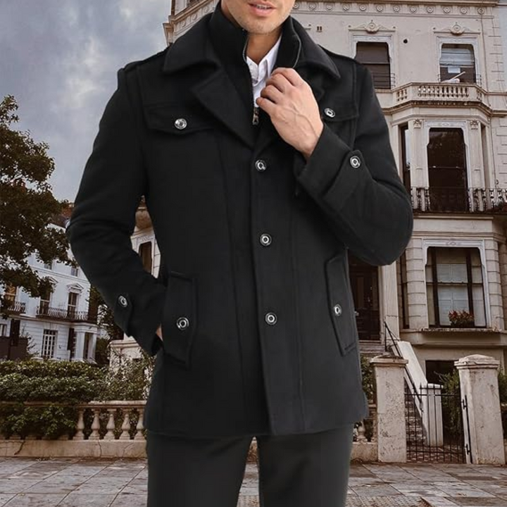 Warm men's wool blend trench coat, perfect as a winter jacket or stylish fall fashion outerwear.