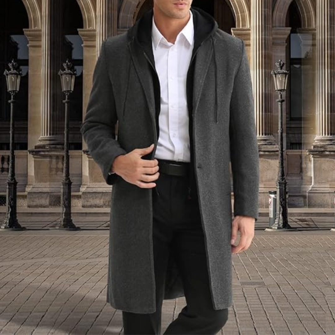 Sophisticated men's long trench coat, a button-front classic for winter and fall apparel.