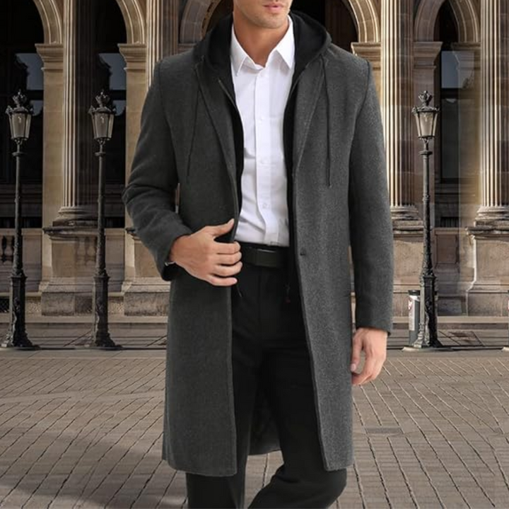 Sophisticated men's long trench coat, a button-front classic for winter and fall apparel.