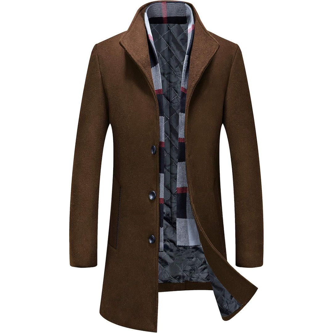 Pedro men's long trench coat, an elegant button-front winter jacket for classic fall style.