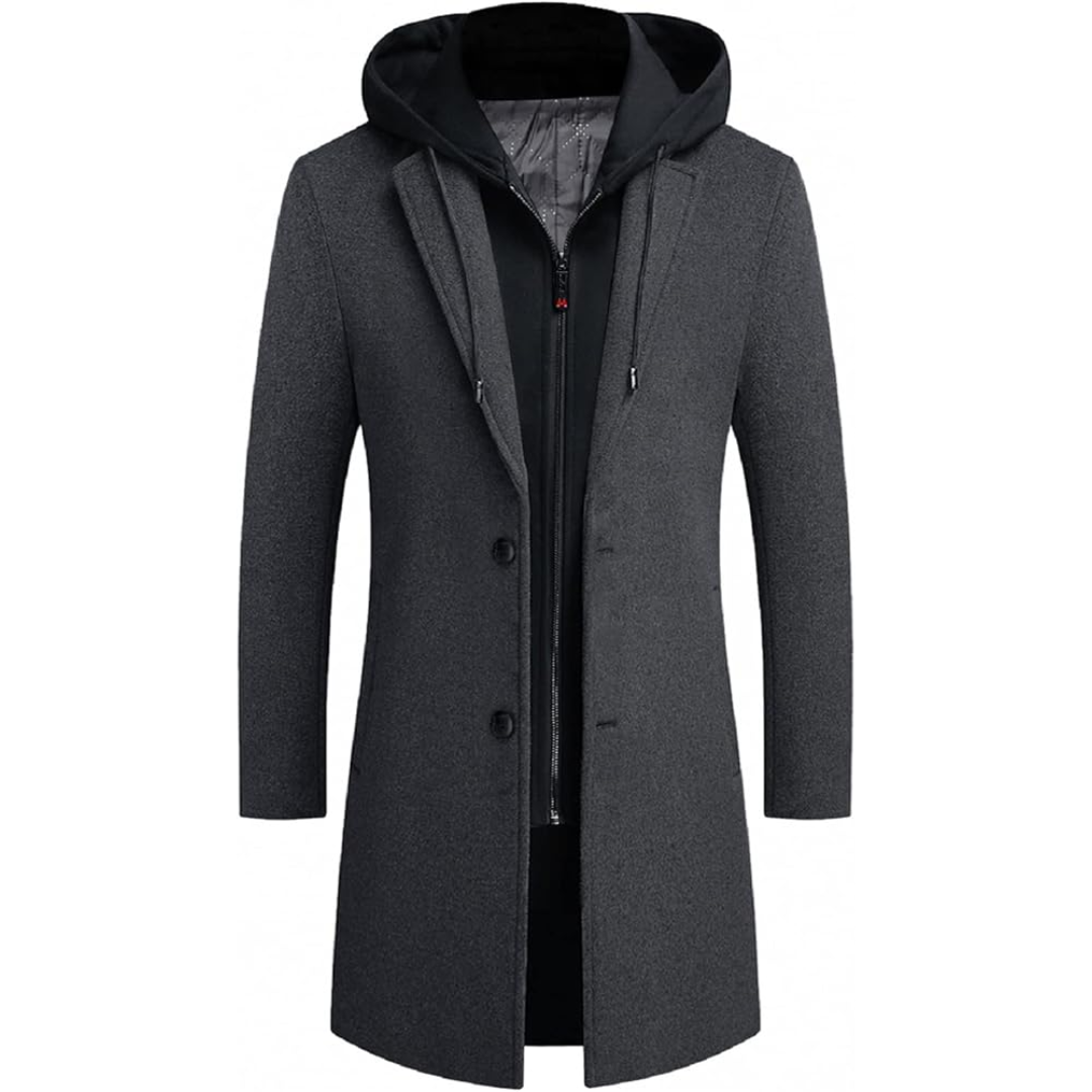 Stylish men's winter trench coat, a warm wool blend outerwear piece for sophisticated apparel.