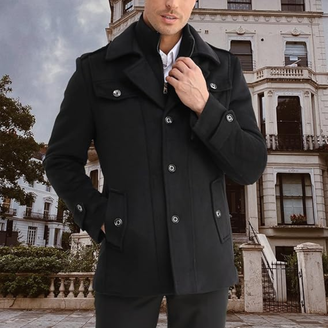 Warm men's classic wool blend trench coat. Long winter outerwear for elegant cold weather fashion style.