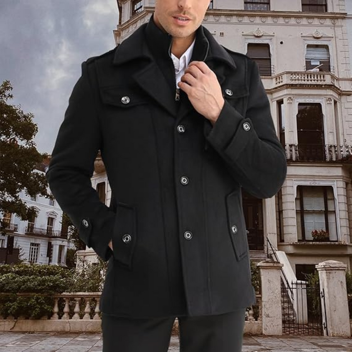 Warm men's classic wool blend trench coat. Long winter outerwear for elegant cold weather fashion style.