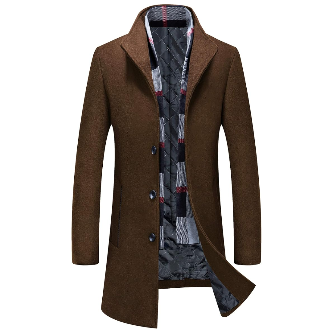 Stylish men's wool blend trench coat, a classic winter outerwear for formal or casual men's fashion.