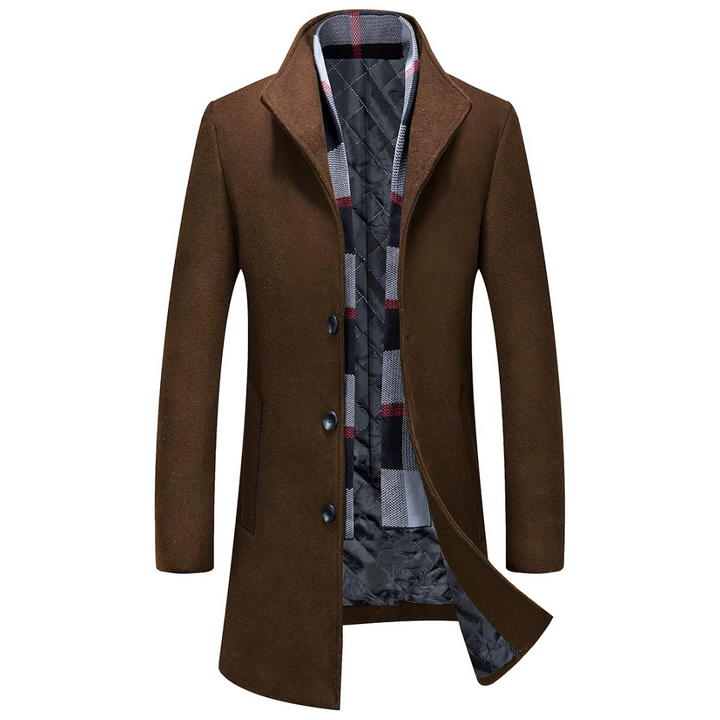 Stylish men's wool blend trench coat, a classic winter outerwear for formal or casual men's fashion.