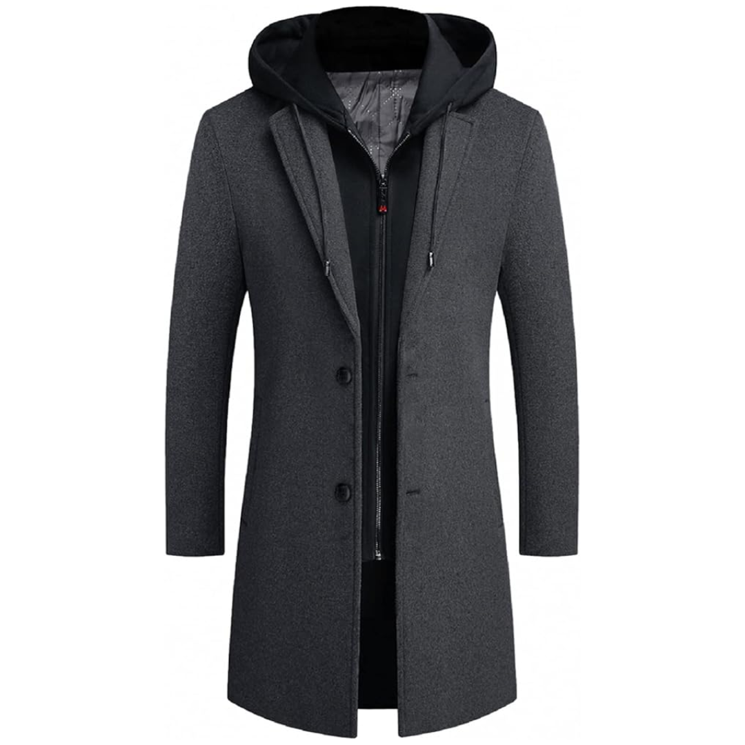 Long men's wool blend winter trench coat, a classic jacket providing warmth and elevated cold weather style.