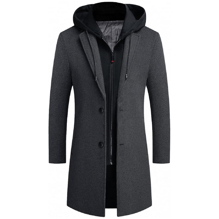 Long men's wool blend winter trench coat, a classic jacket providing warmth and elevated cold weather style.