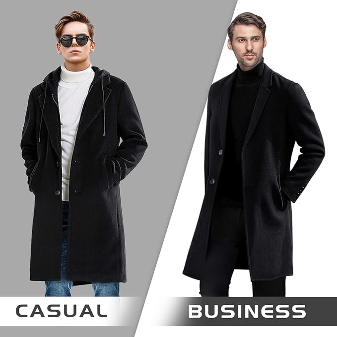 Elegant men's wool blend trench coat, a classic long winter coat for sophisticated cold weather apparel.