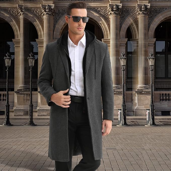 Classic men's wool blend winter trench coat. Long formal/casual outerwear jacket for cold weather fashion.