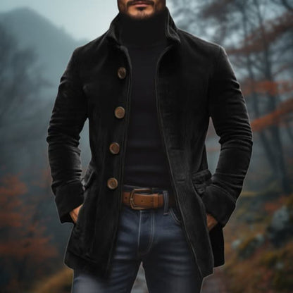 Stylish men's long overcoat, perfect smart casual or formal winter jacket for refined cold weather fashion.