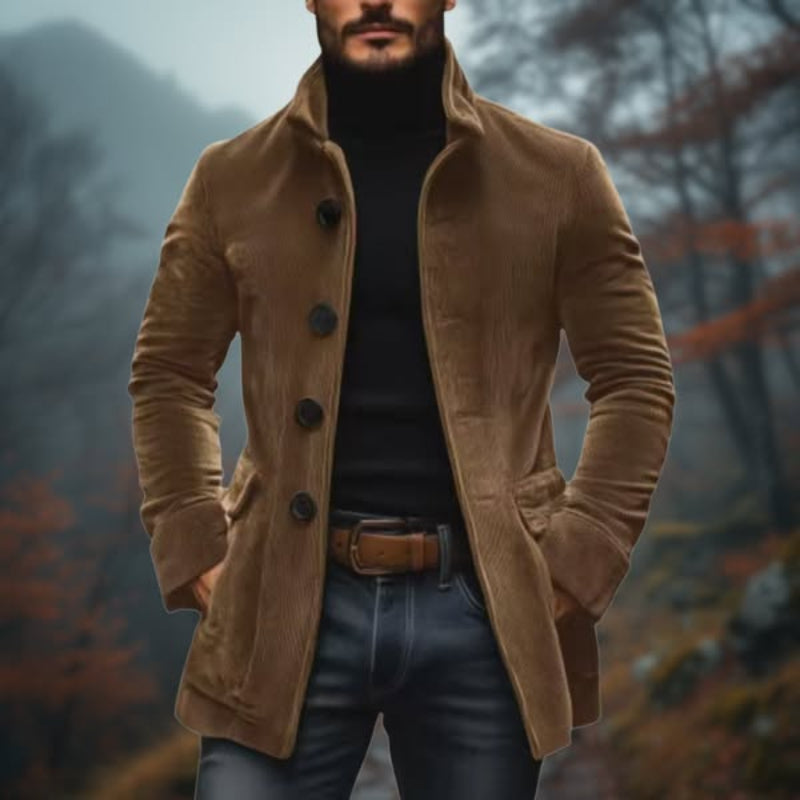 Classic men's winter overcoat, long elegant outerwear providing warmth & sophisticated style for cold weather.