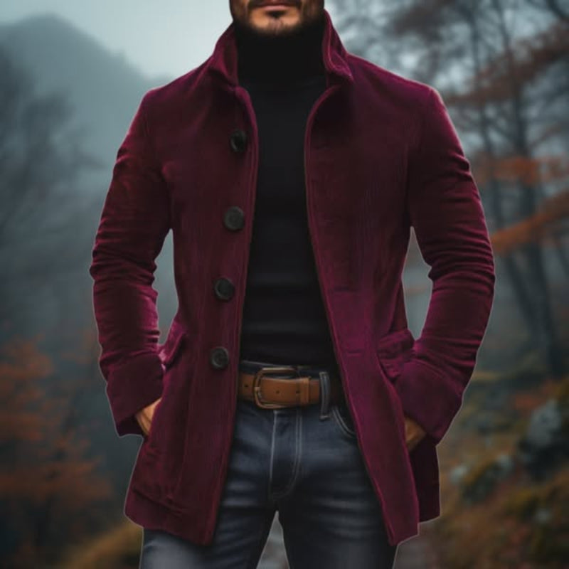 Refined men's overcoat, a versatile long jacket for elegant formal wear & smart casual winter fashion.