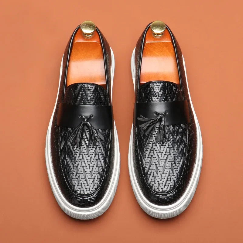 Versatile men's classic woven tassel loafers. Ideal comfortable slip-on dress shoes or stylish casual footwear.