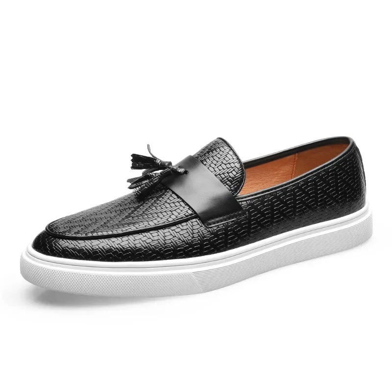 Comfortable men's classic woven tassel loafers. Timeless slip-on footwear, perfect as stylish dress or casual shoes.