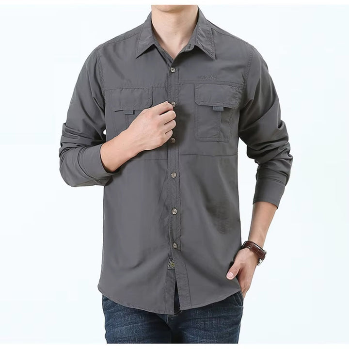 Men's fashion tactical button-up, Claymore long sleeve shirt for versatile outdoor activities.