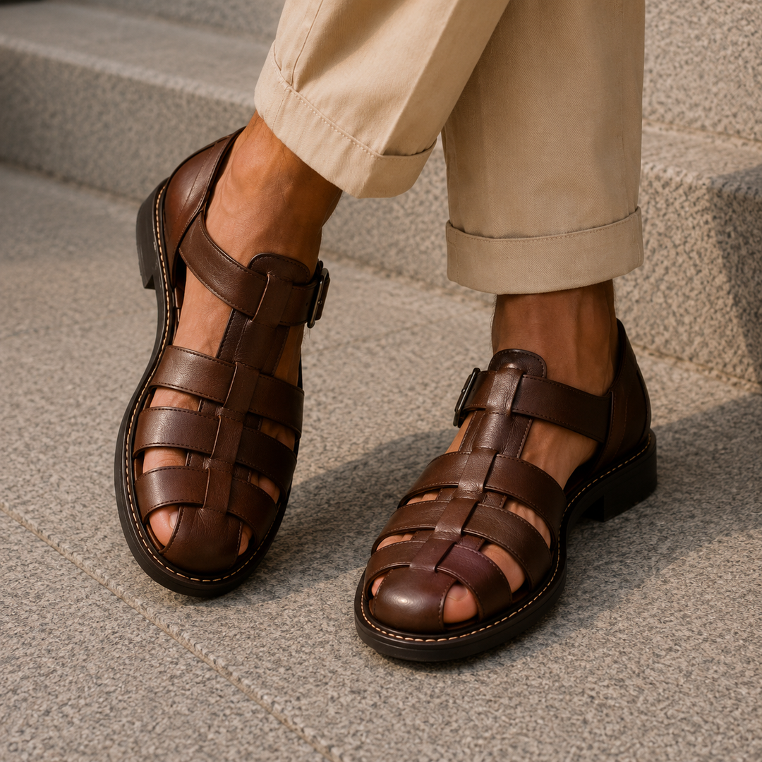 Men's comfortable closed-toe fisherman sandals for summer, beach & casual wear, with secure adjustable buckle.