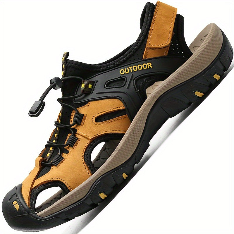 Men's closed-toe hiking sandals with adjustable fit for outdoor trails & adventure. Rugged grip.