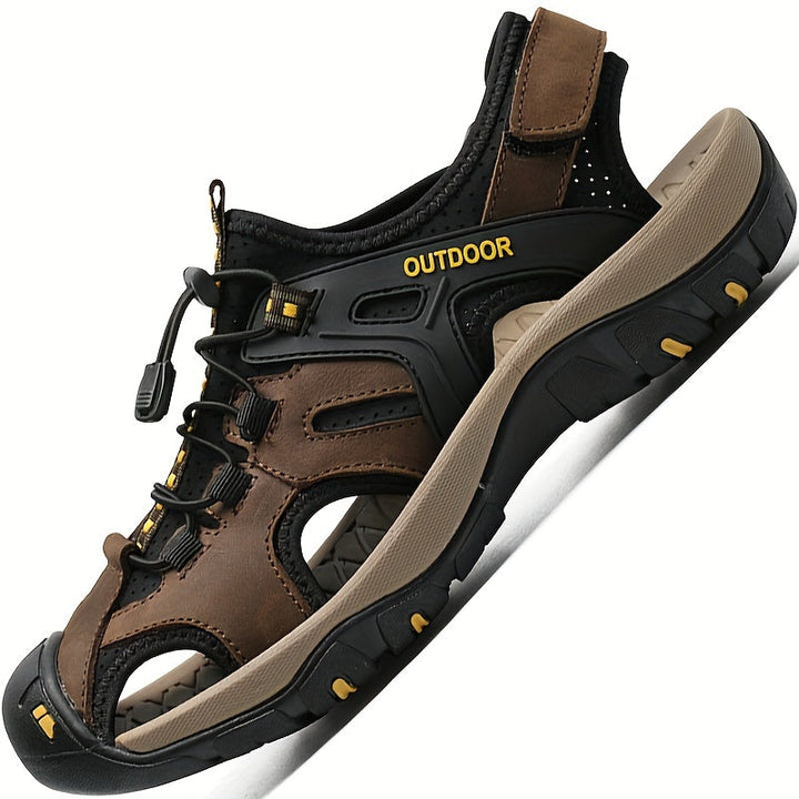 Comfortable men's hiking sandals, closed-toe design, adjustable straps for trail walking & outdoor activity.