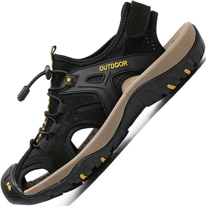 Rugged men's closed-toe hiking sandals for trail protection. Adjustable fit outdoor footwear for adventure gear.