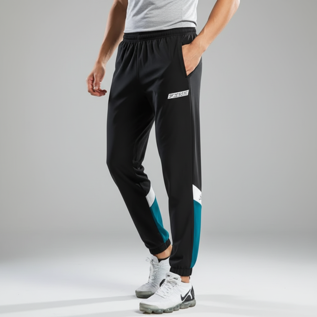 Dynamic men's color-block tracksuit with jogger pants & jacket, ideal for training & casual wear.