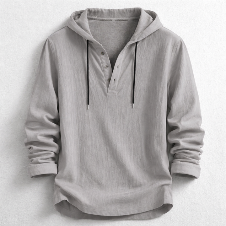 Long sleeve hooded henley for men in a relaxed fit. Ideal for comfortable, versatile spring & summer fashion.