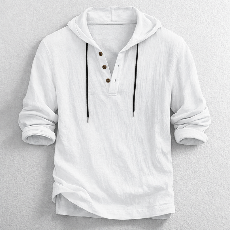 Versatile men's long sleeve hooded henley shirt. Relaxed fit for spring, summer & comfortable coastal wear.
