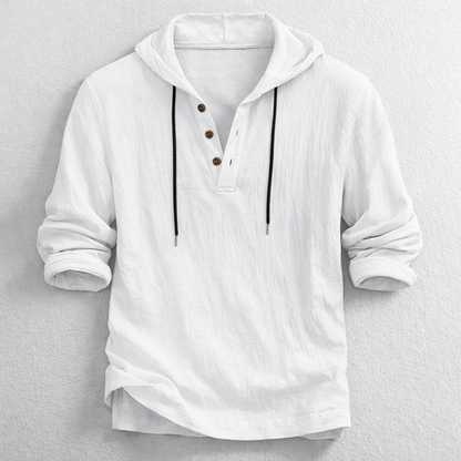 Versatile men's long sleeve hooded henley shirt. Relaxed fit for spring, summer & comfortable coastal wear.