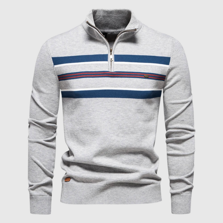 Long sleeve men's striped pullover with zip collar, ideal for versatile layering in coastal style.