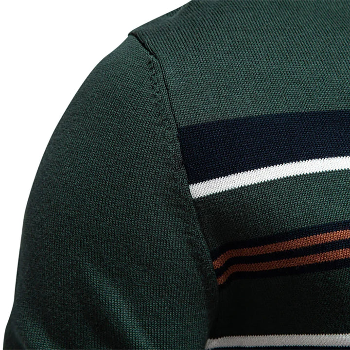 Versatile men's striped pullover sweater, long sleeve with zip collar for stylish layering.